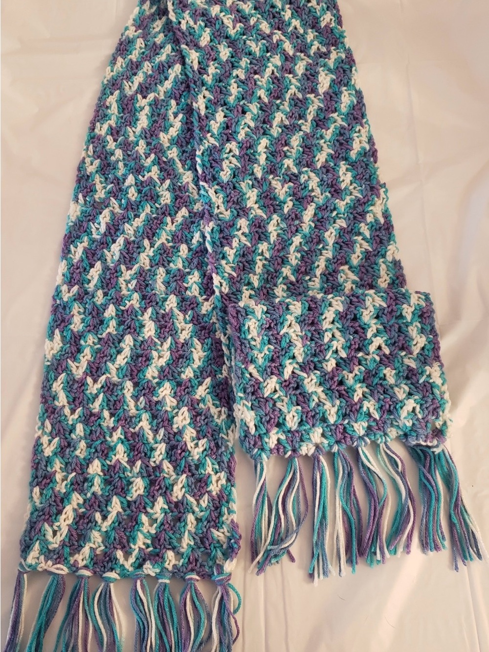 Handmade Crochet Scarf in Teal, Purple & White - Cozy Women's Wrap 68”x8” - Picture 4 of 4